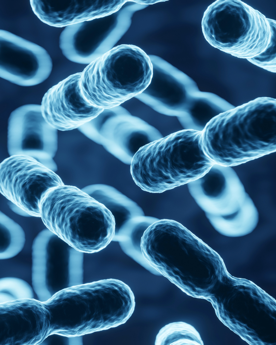 Microscopic image of bacteria, symbolizing the gut-skin connection and how the microbiome influences overall skin health.